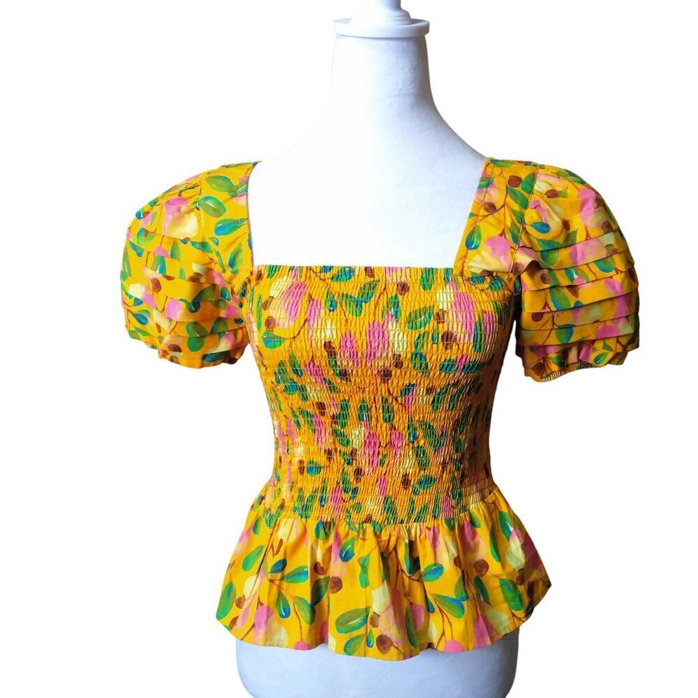 FARM Rio XS Mini Cashew Smocked Puff Sleeve Peplum Tropical Boho Top Blouse